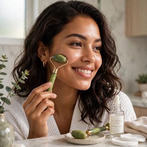 Rodillo de Jade + Piedra Gua Sha Facial — Kit Anti-Hinchazón y Relajación